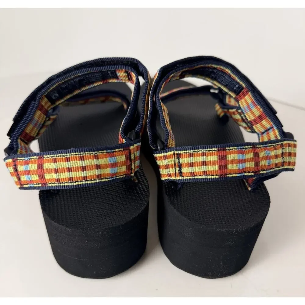 Teva Flatform Universal Platform Sandals Sz 9 Woman’s Black Multi-Colored Plaid